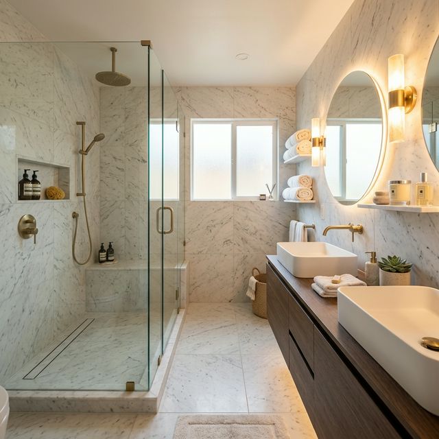 Spa-style bathroom with walk-in shower and marble tile