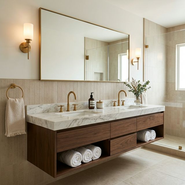 Double vanity with modern fixtures and warm lighting