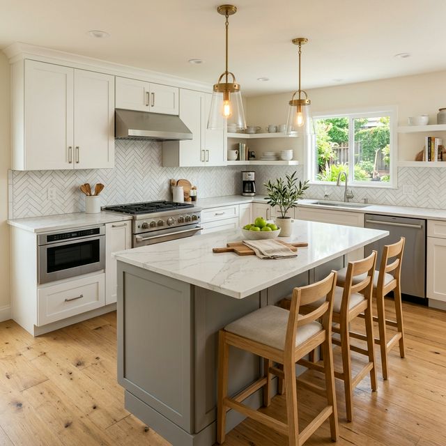 Modern kitchen renovation with white cabinetry and marble countertops