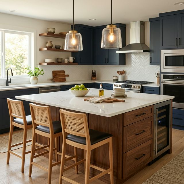 Kitchen island with pendant lighting and bar seating
